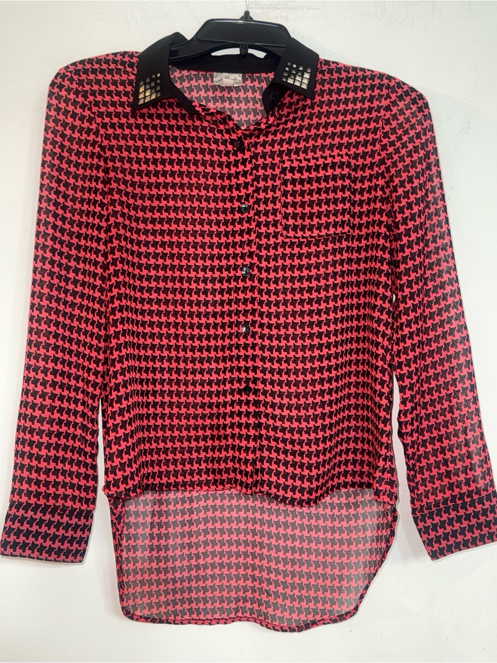 Stud-Trim Collared Houndstooth Blouse - Red/Black